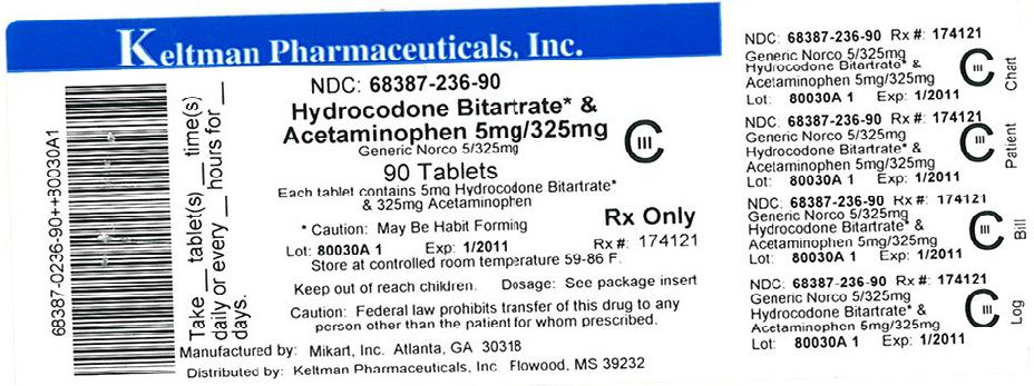 This is an image of the label for 5 mg/325 mg Hydrocodone Bitartrate and Acetaminophen Tablets.