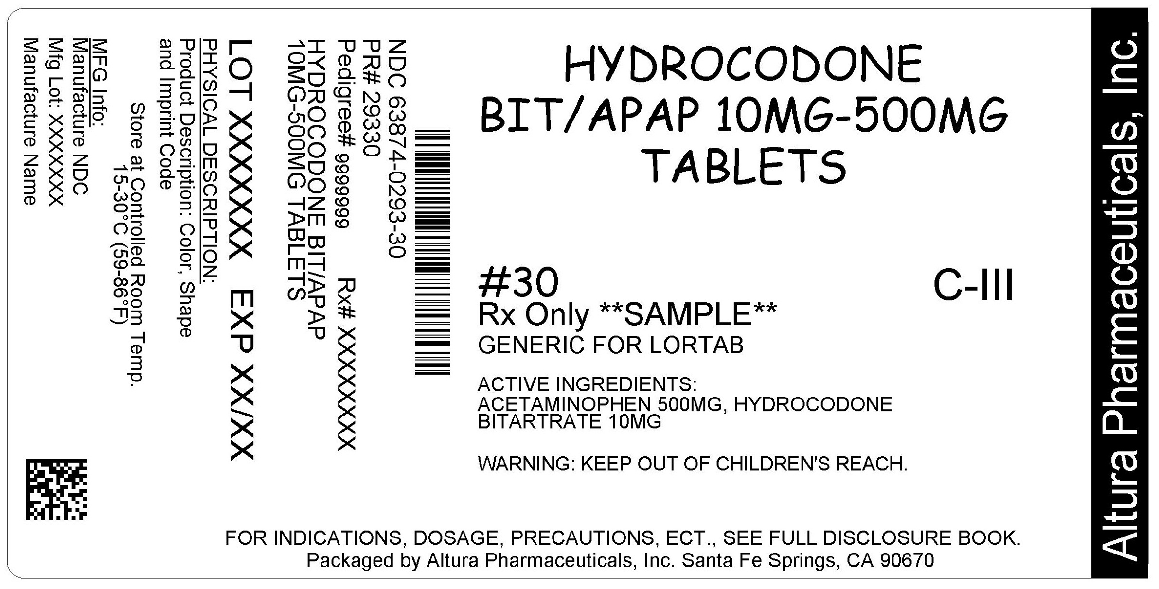 This is an image of the label for 10 mg/500 mg Hydrocodone Bitartrate and Acetaminophen Tablets.