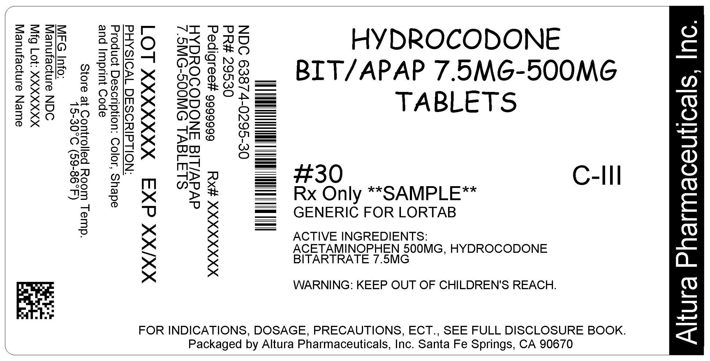 This is an image of the label for 7.5 mg/500 mg Hydrocodone Bitartrate and Acetaminophen Tablets.
