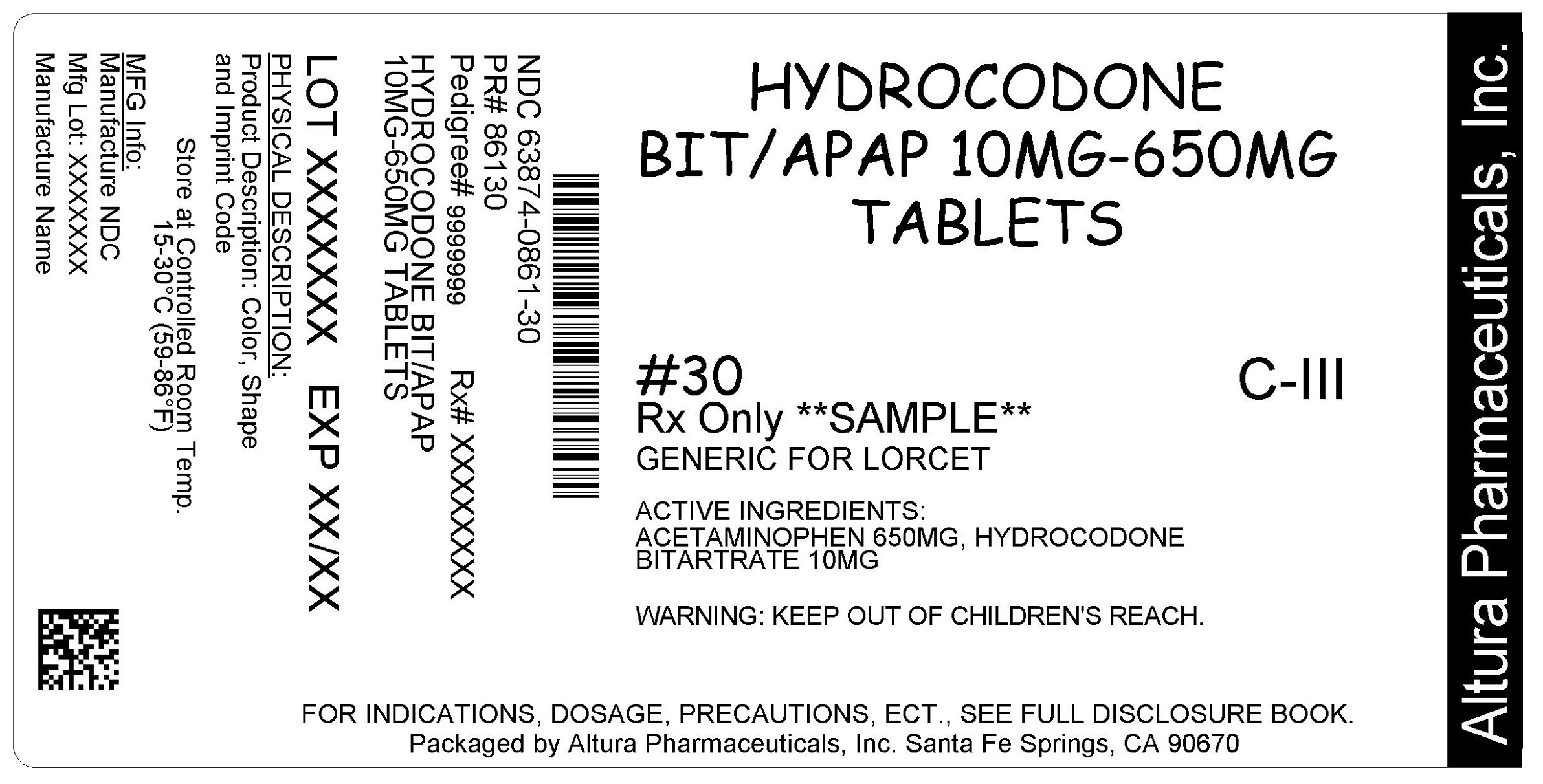 This is an image of the label for 10 mg/650 mg Hydrocodone Bitartrate and Acetaminophen Tablets.