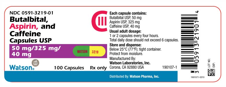 Butalbital, Aspirin, and Caffeine Capsules USP bottle label x 100 capsules