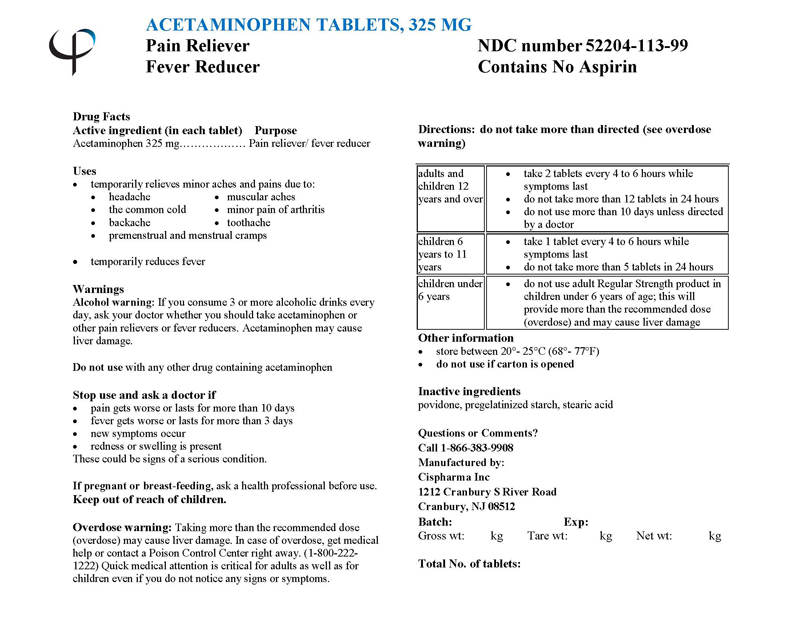 ACETAMINOPHEN TABLETS, 325 mg, Bulk