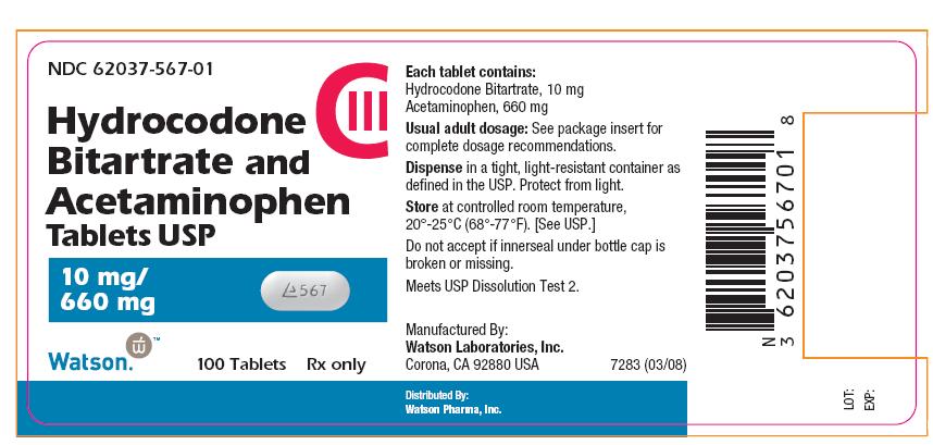 NDC 62037-567-01 Hydrocodone Bitartrate and Acetaminophen Tablets USP CIII 10mg/660mg Watson 100 Tablets Rx only