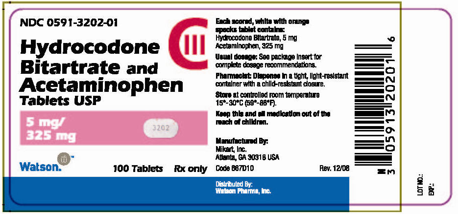 NDC 0591-3202-01 Hydrocodone Bitartrate and Acetaminophen Tablets USP 5 mg/ 325 mg Watson 100 Tablets Rx only