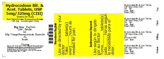 This is an image of the label for 5 mg/325 mg Hydrocodone Bitartrate and Acetaminophen Tablets.