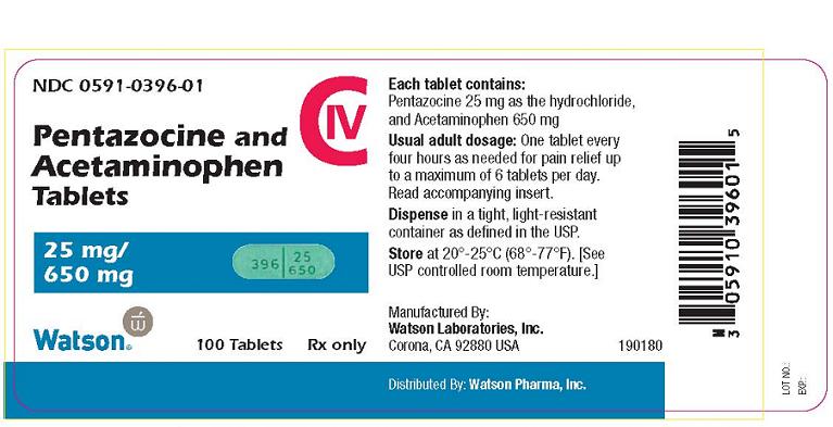 NDC 0591-0396-01 Pentazocine and Acetaminophen Tablets CIV 25 mg/650 mg Watson 100 Tablets Rx only