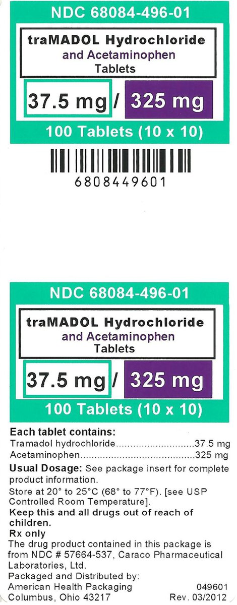 Tramadol HCl APAP 37.5 mg/325 mg tablets (10x10) 