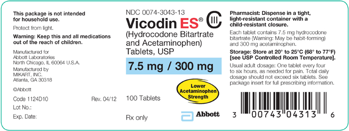 vicodin es tablets 7.5mg/300mg 100ct bottle