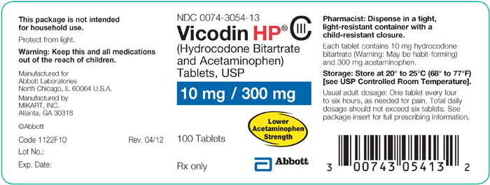 vicodin hp tablets 10mg/300mg 100 ct bottle
