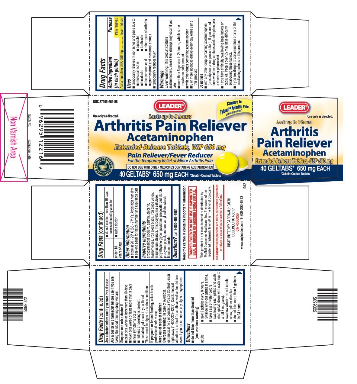 This is the 40 count bottle carton label for Leader Acetaminophen extended-release tablets, USP 650 mg (geltabs).