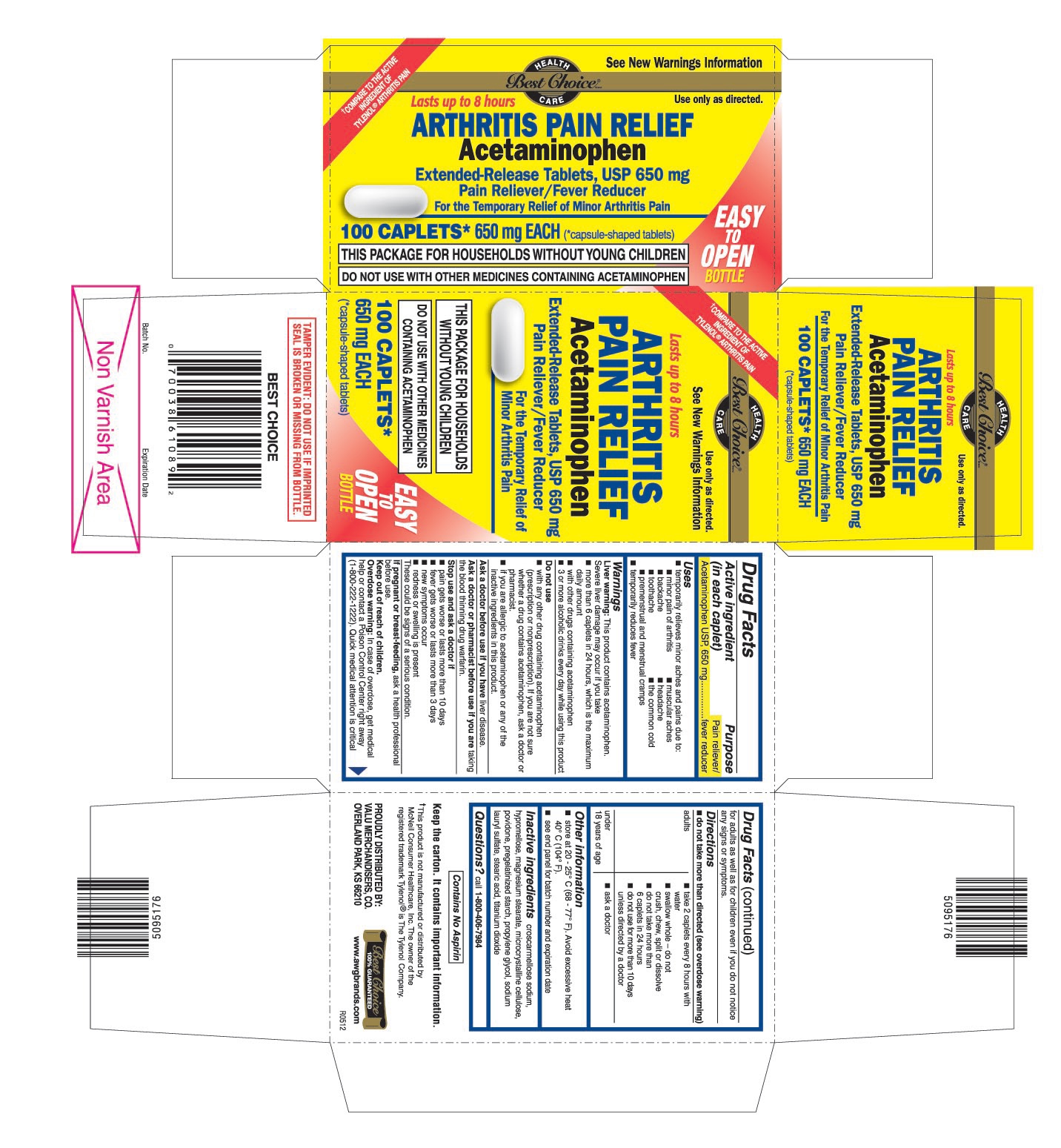 This is the 100 count bottle carton label for Best Choice Acetaminophen extended-release tablets, USP 650 mg.