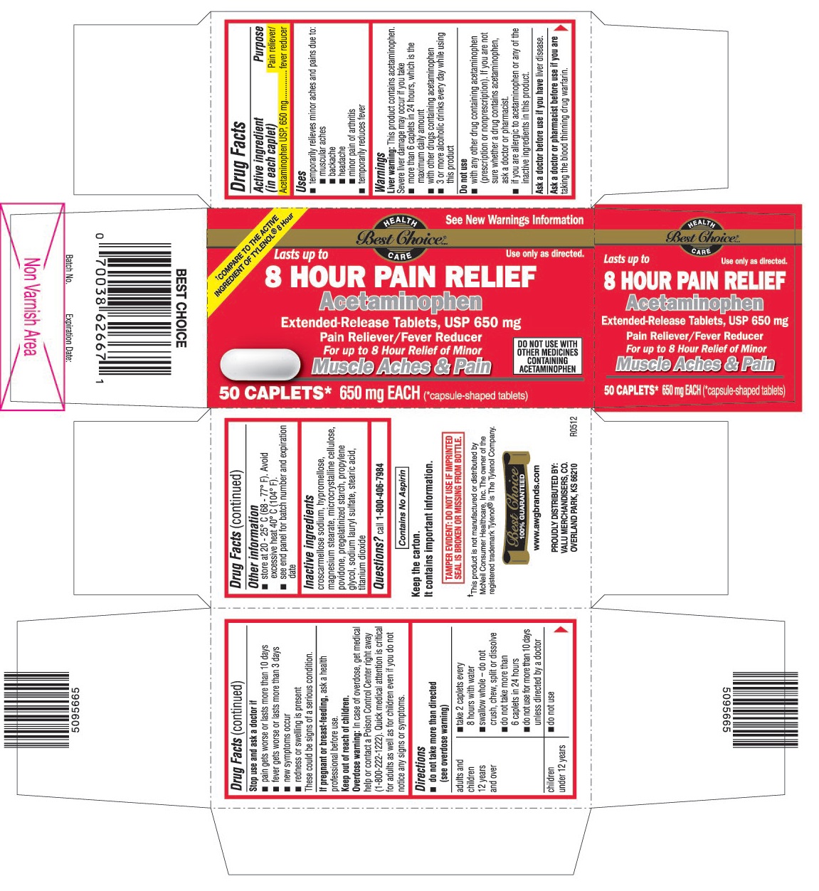 This is the 50 count bottle carton label for Best Choice Acetaminophen extended-release tablets, USP 650 mg.